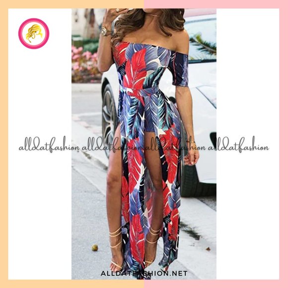 Julie Romper Split Maxi Dress High Elasticity Floral Print Short Jumpsuit - Picture 2 of 2
